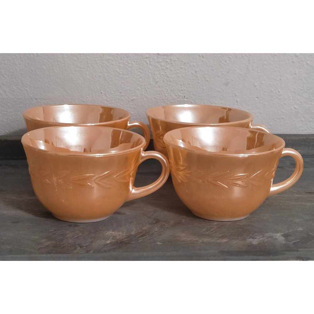Fire-King Peach Lustre Laurel Tea Cups Set of 4 Vintage Iridescent Milk Glass‎